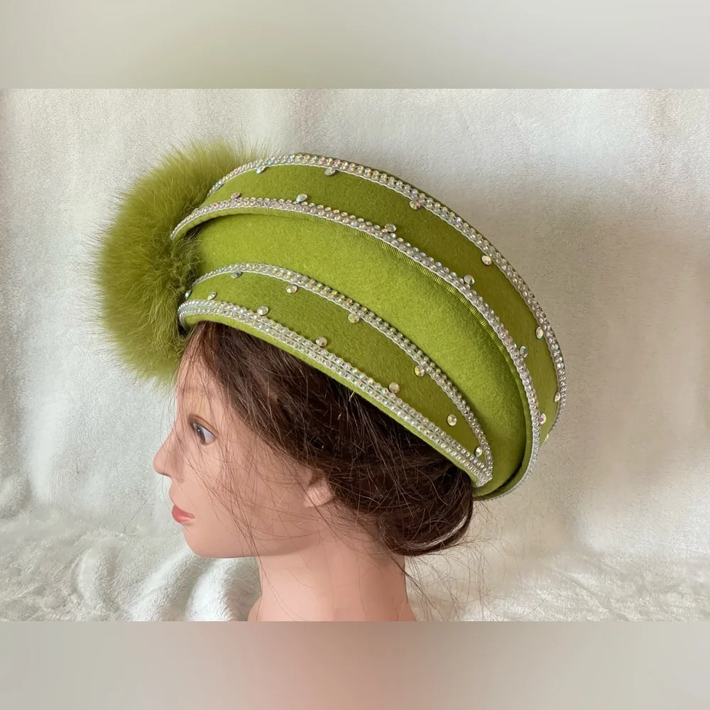 Stunning Mr D’s Vintage hat green wool and rhinestones Sunday church wedding